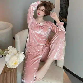  Toamna Noua Maneci Lungi 2 BUC Pijamale pentru Femei Costum de Somn Set Lenjerie Intima Casual Velur Îmbrăcăminte Acasă Visiniu Pijamale