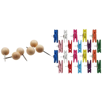 130Pcs Lemn Rotund Decorativ Push Pins & 20X Push Pins Cu Clipuri din Lemn Pushpins Pioneze Pioneze, Creativ Agrafe