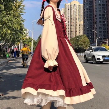  Stil japonez kawaii îmbrăcăminte dulce lolita rochie Guler Marinar Siret Mid-Lungime Rochie Retro pentru Femei pentru Toamna si Iarna