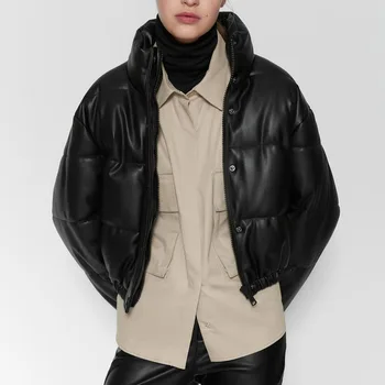  Stand guler de Mari Dimensiuni Femei Bumbac Jacheta de Iarna de culoare Solidă de Moda Scurt PU Femei din Bumbac Căptușit Sacou Îmbrăcăminte exterioară JK299