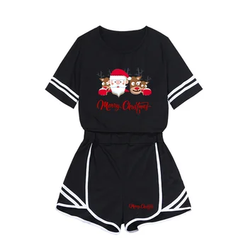  Crăciun Maneci Scurte Costum Negru Solid Crewneck Culturilor Pantaloni Set Dulce Femeile Fată Casual Tinute Streetwear 2021 Sport