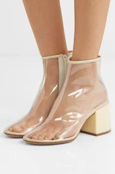  Moda 2022 Femeie Glezna Cizme Toc Gros Cizme Cu Fermoar Rotund Toe Tocuri Încălțăminte Transparente Din Pvc Cizme Lucrate Manual Pantofi