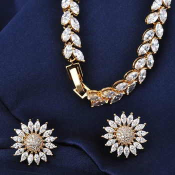  De lux de Culoare Aur Forma Eleganta de Mireasa CZ de Flori Pandantiv Colier și Cercei Mari de Nunta Seturi de Bijuterii Pentru Mirese GLN0133