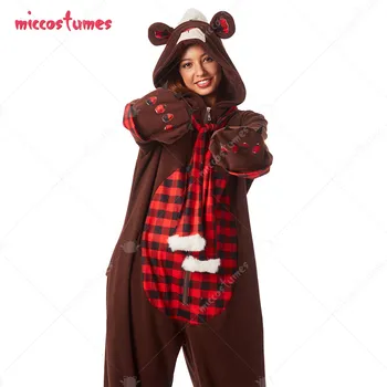  Femeile de Craciun Bebelus ursulet Adult într-un costumaș Roșu și Negru Carouri Salopeta Pijama cu Maneca Lunga cu Gluga Costum Kigurumi