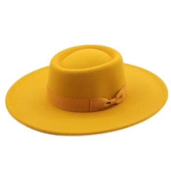  Noi Margine Largă Flat Top 9.5 cm Culoare Solidă Lână Simțit Fedora Hat pentru Femei Barbati Toamna Iarna Biserică Petrecere Vintage Hat