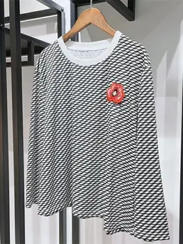  Femeile O-gât Tricot Dungi T Shirt 2022 Vara Noi Doamnelor Floral Brodate Scrisoare Maneca Lunga Pulover Vrac Tee Toate-Meci Topuri