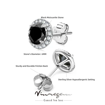  Vinregem Argint 925 Negru Moissanite Trece Testul Diamond Stud Cercei Bijuterii Fine Pentru Femei, Cadou De Aniversare En-Gros