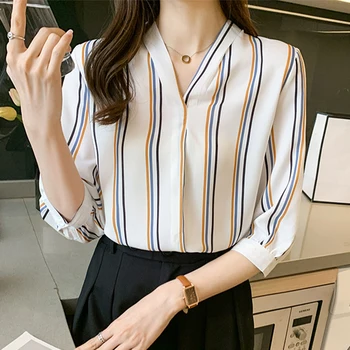  Femei Tricou De Imprimare Cu Dungi V Gât Bluze Femme 2022 Primavara Toamna Maneca Trei Sferturi Top Sifon Stil Coreean Haine Blusen