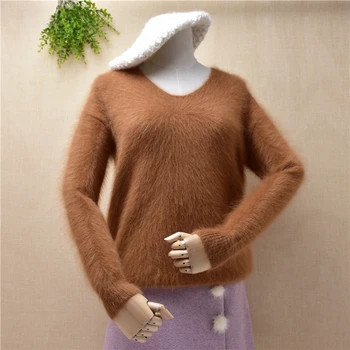  Doamnelor de bază haine de iarnă gât rotund maneca lunga de nurca cașmir tricotate boomtting pulover de angora blana de iepure pulover feminin