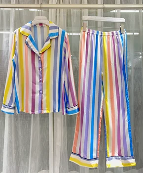  JRMISSLI 2021 Toamna cu Dungi New Silk Satin Imprimat Pijamale Sleepwear Set Body pentru Femei 2 Piese Maneca Lunga