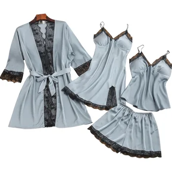  4BUC Set Halat Femei Pijama Satin Sleepwear Kimono-Halat de baie Rochie Sexy din Dantela Patchwork Lenjerie Intima Moale Pijamale Pijamale