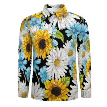  Floarea-Soarelui Galben De Artă Tricouri Casual Om Plin De Culoare De Imprimare Florale Camasa Maneca Lunga Trendy Bluze Elegante Grafic Plus Dimensiunea Îmbrăcăminte