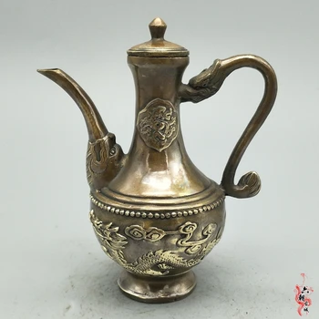  Rare vechi Dinastiei Ming cupru Double Dragon Oală Decor Ceainic Ceainic Ulcior,cel mai bun de colectare& podoabă,transport Gratuit