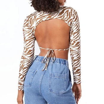  Femei Sexy Backless Cravată Spate Bodycon Crop Top Cu Maneci Lungi Zebra Cu Dungi T-Shirt