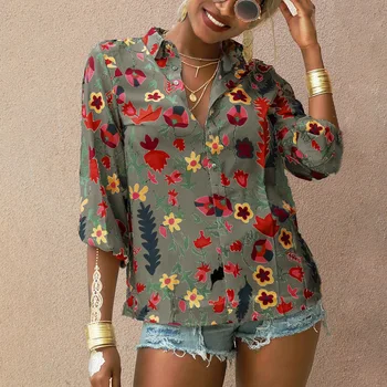  Femei Tricou De Vară De Moda Toamna Florale Imprimare Tricouri Femei Șifon Bluza Casual, Office Drumul Doamnei Supradimensionat Bluze Butonul Tee